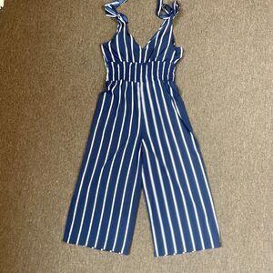 ASOS Nautical Jumpsuit Navy White Tie Shoulder Wide Leg Beach Sailor Size 12
